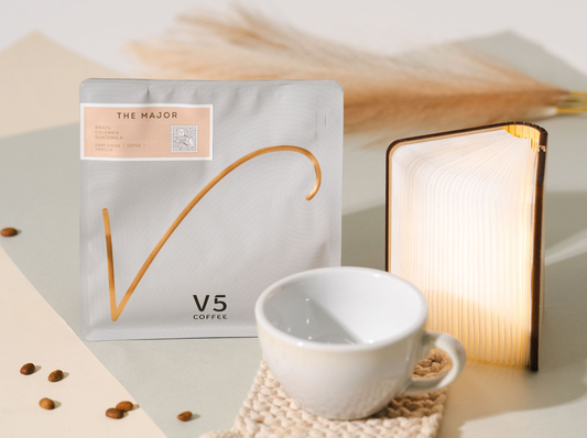 V5 Coffee The Major Blend bag and home espresso machine setup